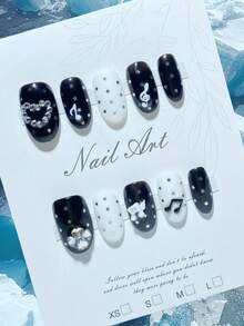 10 Móng Tay Giả Thủ Công, Phong Cách Y2K, Móng Tay Dễ Thương, Móng Tay Giả, Móng Tay Hình Nốt Nhạc Ánh Sao Đen Trắng Tinh Tế, Móng Tay Giả Hình Bầu Dục Hình Cánh Trái Tim Đính Đá 3D, Móng Màu Đen, Chất Lượng Cao Cấp, Có Thể Tháo Tháo Và Tái Sử Dụng, Thích Hợp Cho Các Bữa Tiệc Và Lễ Hội Âm Nhạc. - màu đen - Xem 10