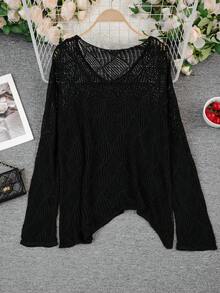 波西米亚风黑色不对称肩针织毛衣，女士夏季薄纱蕾丝罩衫，V领上衣 - 黑色 - 查看 7