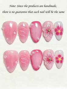 10pcs Minimalist Cute INS Personalized Baddie Y2k Hand-Painted Small Flower Ombre Blush 3D Stereo Five-Petal Carved Pearl Gold Pearl Water Drop Texture Embossed Short Almond Wearable Nail Stickers, Nail Art Stickers, Press-On Nails - Pink - View 1