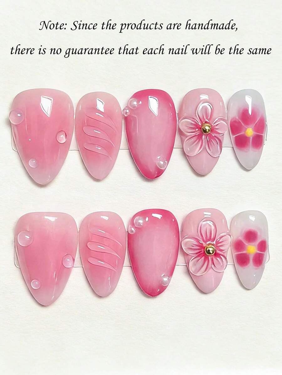 10pcs Minimalist Cute INS Personalized Baddie Y2k Hand-Painted Small Flower Ombre Blush 3D Stereo Five-Petal Carved Pearl Gold Pearl Water Drop Texture Embossed Short Almond Wearable Nail Stickers, Nail Art Stickers, Press-On Nails - Pink - View 1