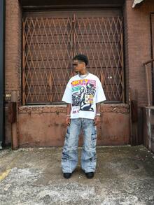 High Street Hip-Hop "Dirty South Worldwide" Collage Portrait Graphic Oversized T-Shirt, Premium Soft Heavyweight Cotton Material, Unisex Drop Shoulder Loose Fit Casual Short Sleeve Tee - 白色 - 查看 3