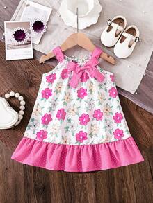 Baby Girl Sleeveless Ditsy Floral Ruffle Hem Dress With Bow - Hot Pink - View 1