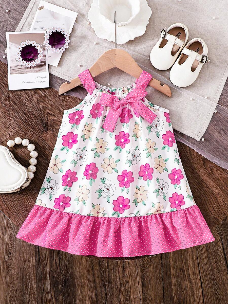 Baby Girl Sleeveless Ditsy Floral Ruffle Hem Dress With Bow - Hot Pink - View 1