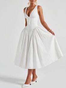 Vestido de verano de estilo francés romántico de Elio Closet para mujer, de color blanco, con bordado calado, escote en V profundo, sin mangas, cintura con lazo, fluido y elegante. Atuendo casual adecuado para salidas de verano, ceremonias de graduación, fiestas, festivales de música country, citas - Blanco - Ver 11