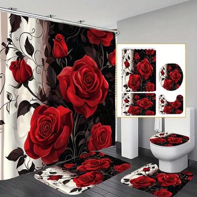 1/4件套红色玫瑰印花创意浴帘套装，装饰浴室套装，包含防水浴帘、防滑地垫、马桶盖、浴室垫和12个塑料挂钩，浴室配件，家居装饰