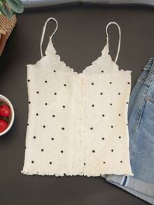 Korean Style Summer Retro Polka Dot Frill Trim Camisole Top, Sexy Slim Fit Ribbed Knit Crop Top, Sweet & Sexy Layering Piece, INS Soft White Ribbed Texture Single-Breasted Top With Buttons That Can Be Unbuttoned - Apricot - View 7