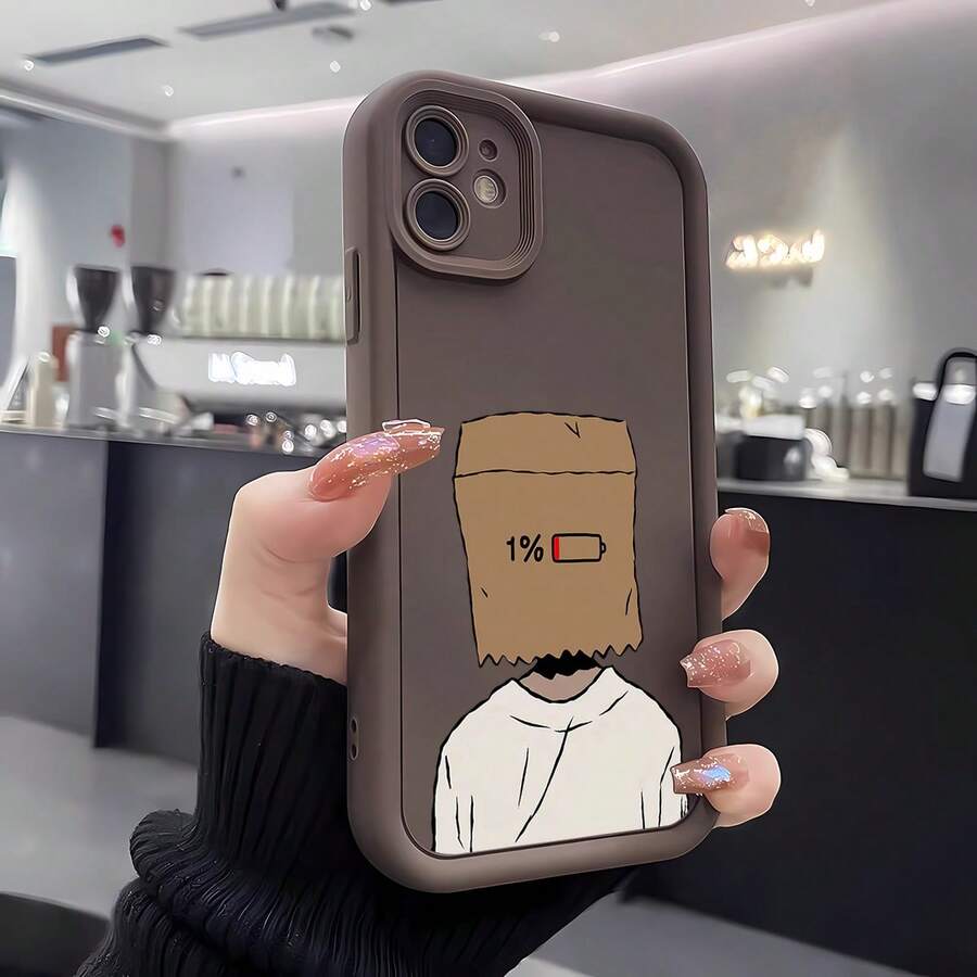 Casing Ponsel Kasual Gaya INS Lucu Kreatif dengan Gambar Baterai 1% untuk Pria, Bingkai Lensa Cokelat Kopi Matte, Desain Bertingkat, Perlindungan Penuh Tahan Guncangan, Untuk Android Galaxy A/S/FE/Plus/Ultra, Pro/Note/Poco, Transsion Hot/Play/Spark/Pop/Smart, Reno, Honor, E/G, - Coklat - View 1