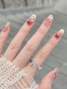 10pcs/Set Press On Nail Art, Love Frequency, Cute, Gentle, Dazzling, Cat's Eye, French Style, Pile Of Diamonds, Hand-Painted, Blush, Handcrafted Wearable Nails - Multicolor - View 3