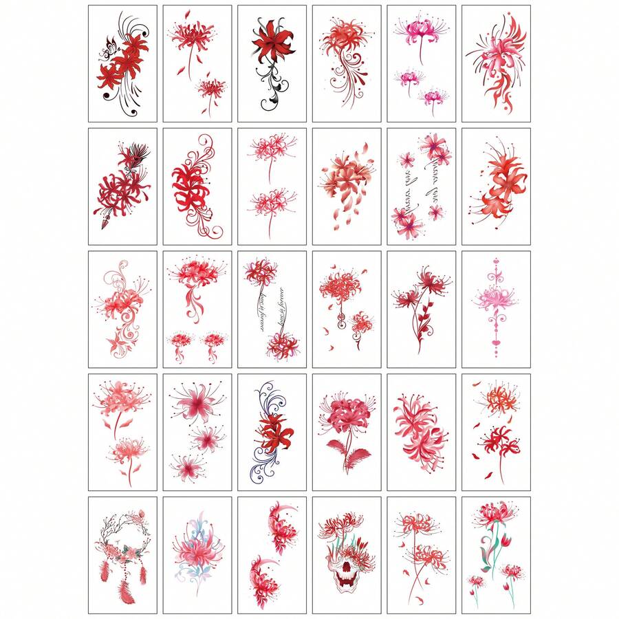 480 Patterns Floral & Feminine Temporary Tattoos - Red Spider Lily, Cherry Blossom, Rose, Lettering & Delicate Designs, Waterproof & Long-Lasting Fake Tattoos For Women, Perfect For Clavicle, Wrist, Arm Decor, Ideal For Daily Wear, Festivals & Party Favors - 英文B-30張不同款 - 查看 1