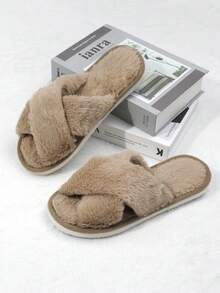 Damen Mode flauschige Kunstfell Slip-On Hausschuhe, weich & leicht Innen Hausschuhe, leise Teppich Hausschuhe - Kaffeebraun - Übersicht 5