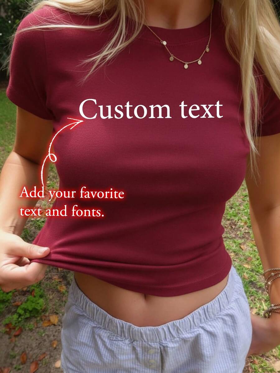 Áo thun nữ ôm dáng, có thể tùy chỉnh. Thêm văn bản tùy chỉnh (trích dẫn, cụm từ, câu nói hài hước, tên, khẩu hiệu, v.v.) - Đỏ - Xem 1