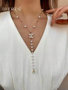 1pc Stainless Steel Gold-Tone Rhinestone Letter C Pig Nose Pendant Y-Necklace, Party Accessory - Yellow Gold - View 3