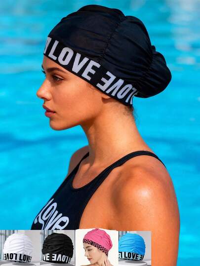 1pc Adult Letter Print Silicone Swim Cap, Waterproof Anti-Slip High Elasticity Ear Protection, Durable Soft Material, Suitable For Swimming Pool Or Beach Water Sports, Fashionable Comfortable Swim Cap, Beach Essential, Swimming Pool Accessory