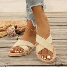 女士亚麻布套脚拖鞋，编织纹理，1.5厘米鞋跟，防滑，耐穿，休闲，适合度假、海滩、夏季穿着，平底凉鞋 - 米色 - 查看 4