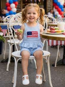 Toddler Girls Shorts Set Sleeveless Flag Camisole And Plaid Shorts Summer 2-Piece Outfit For 4th Of July - Blue - View 3