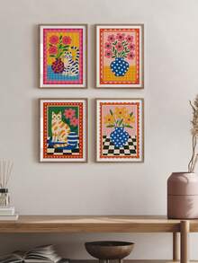 4 Pieces Retro Cartoon Cat And Flower Vase Canvas Wall Art Set Dopamine Color Checkerboard Matisse Poster Ins Aesthetic Combination Painting For Living Room Bedroom Home Wall Decor No Frame - Cartoon - View 1