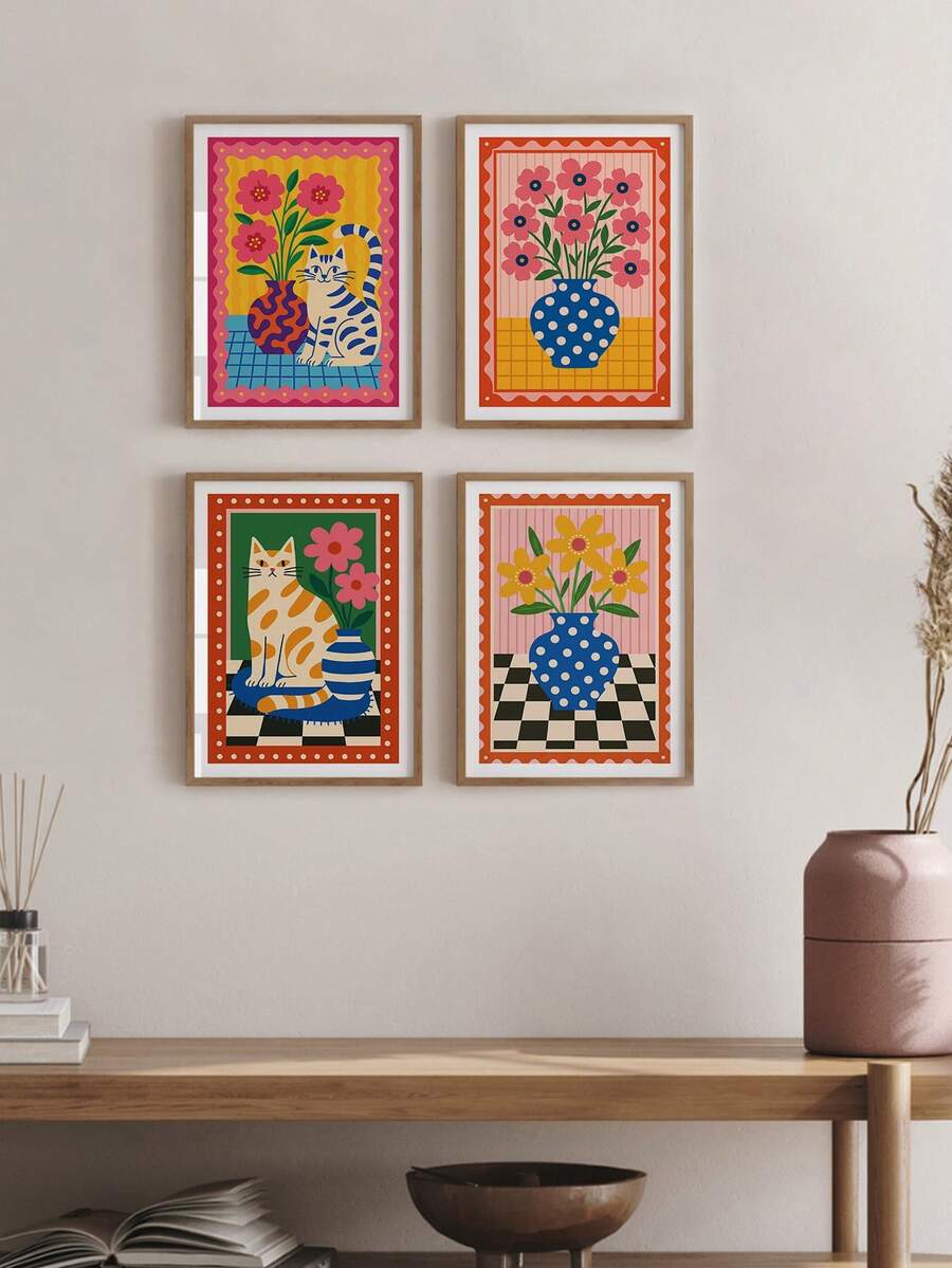 4 Pieces Retro Cartoon Cat And Flower Vase Canvas Wall Art Set Dopamine Color Checkerboard Matisse Poster Ins Aesthetic Combination Painting For Living Room Bedroom Home Wall Decor No Frame - Cartoon - View 1