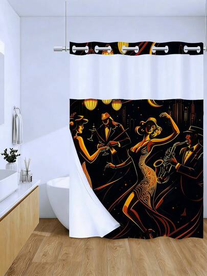 1/3pcs Art Deco Retro Style Double-Layer Shower Curtain Set, 72in*72in - Jazz Era Dance Print, Waterproof & Durable, Bathroom Decor Accessories, Hookless Curtain With Snap-In Liner, Polyester Fabric - Machine Washable, Easy To Disassemble And Carry, Semi-Transparent Top, Suitable For Holiday Decor, Home/Bedroom/Residential/Western Style, Spring Decoration