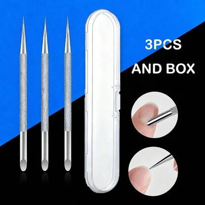 3pcs Nail Double-Ended Stainless Steel Circle Beveled Head Cuticle Pusher Remover Manicure Sticks Nail Dotting Tools.