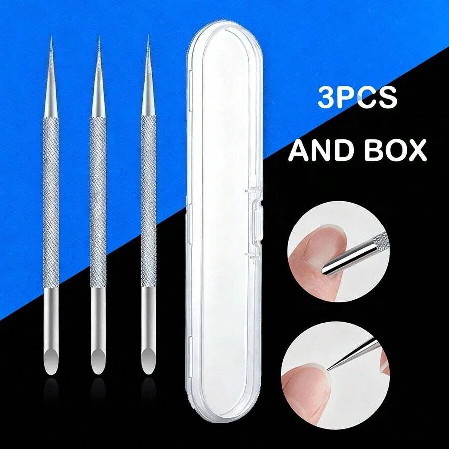 3pcs Nail Double-Ended Stainless Steel Circle Beveled Head Cuticle Pusher Remover Manicure Sticks Nail Dotting Tools. - Silver - View 1