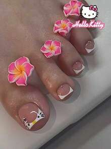 SANRIO 24pcs Short Square White French Tip Press On Toenails With Cute , Bow And Rhinestones Decoration ,Nail Supplies,Pink Girl Style, Fit Perfectly Acrylic Fake Toenails, Contain 1pc Jelly Glue And 1pc Nail File , Nails For Women And Girls Daily Life And Party Use.Summer Toenail,Spring Toenail - Multicolor - View 8