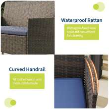 4-Piece Outdoor Furniture Set, PE Rattan Wicker Chairs With Soft Cushions & Tempered Glass Coffee Table - All-Weather Patio Set For Garden, Backyard, Porch, Poolside - Brown/Blue - View 3