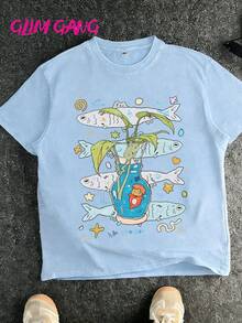 Vintage Studio  Ponyo T-Shirt, Retro Anime Graphic With Goldfish & Plant In Vase, Soft Cotton Tee For Hayao Miyazaki Fans & Casual Outings100% Cotton Vintage Washed 230gsm T-Shirt, Summer Street Style Casual Printed Tee, Ideal For Daily Outings & Holiday Gifts - 淺藍色 - 查看 1