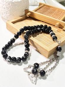 1pc 33 Beads Round & Square Tassel Muslim Prayer Beads, Fashionable & Versatile For Holding Or Wearing - Black - View 4