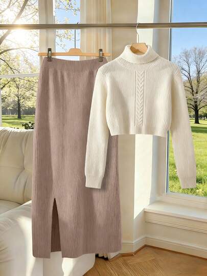 女士优雅纯色两件套，高领毛衣+半裙，休闲办公学院风日常穿搭，适合工作、约会、居家穿着。