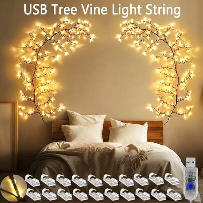 1pc 144 LEDs 90.5inch Flexible Brown Rattan Vine Bendable Willow Twig Lights (With 20 Fixation Clips), String Lights, 8 Modes, USB Powered, Flickering Artificial Tree Branches, 144/96/72 LED Bead Rattan Decor Lights, Bedroom Decor Nightlight, Home Environment Decoration, Brown Branch Lights, Suitable For Home, Room, Wall, Desk, Stairs, Wedding Party Decor, Living Room, Wedding, Camping, Party, Birthday Gift (Warm Light), Christmas Decor, Holiday Decor, Indoor Room Home Decor, Holiday Decoration