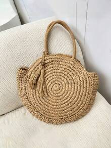 Túi tote đi biển tròn bằng rơm thủ công phong cách Bohemian - Có thể tùy chỉnh, phù hợp cho tuần trăng mật, đi bơi và nghỉ mát ở biển. - Nhiều màu - Xem 7