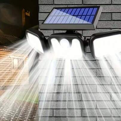 1/2个户外壁灯，带运动传感器，74颗LED灯珠，270°照射角度，安全泛光灯，3个可旋转/可调节灯头，户外装饰照明，内置800mAh可充电电池，太阳能充电，3种照明模式