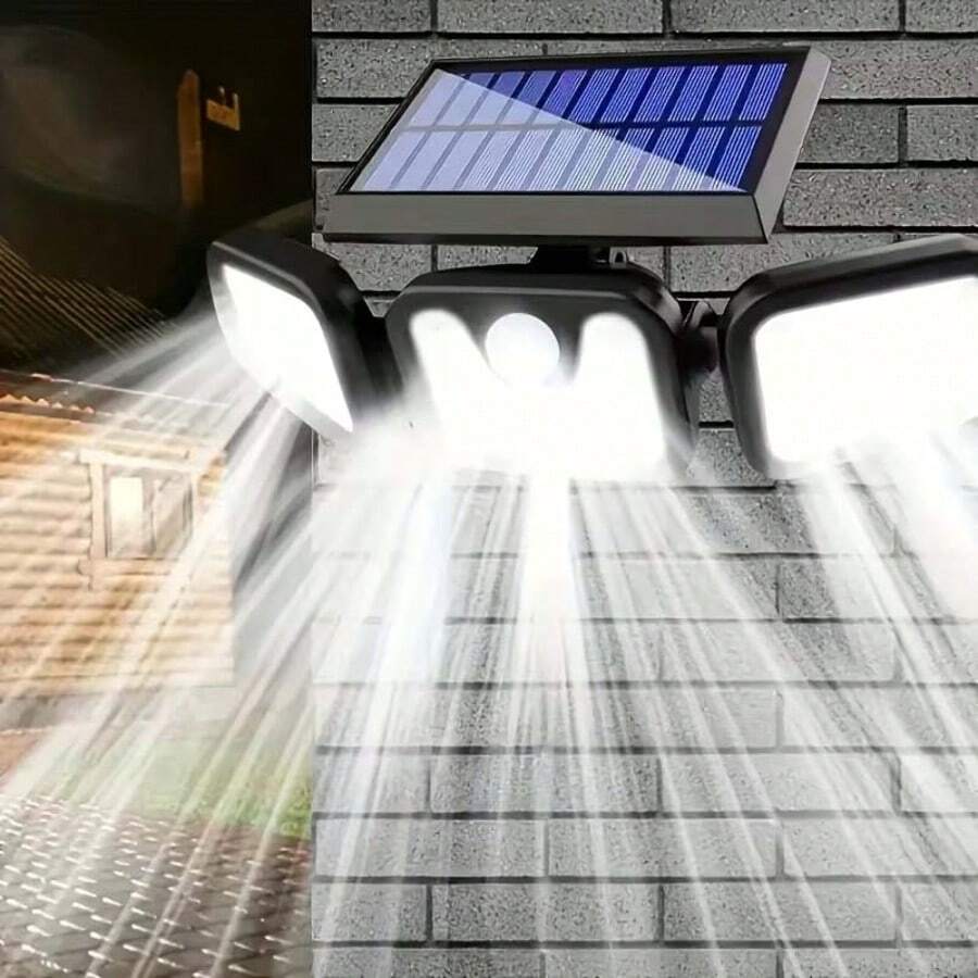 1/2个户外壁灯，带运动传感器，74颗LED灯珠，270°照射角度，安全泛光灯，3个可旋转/可调节灯头，户外装饰照明，内置800mAh可充电电池，太阳能充电，3种照明模式