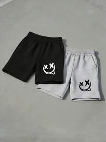 Quần short bé trai tuổi teen (2 chiếc) kiểu dáng thường ngày, thoải mái, in hình hoạt hình ngộ nghĩnh, có túi bên hông, thích hợp cho mùa hè, đi nghỉ mát, đi làm. - màu đen - Xem 5