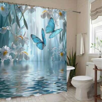 1/3/4件套蓝色蝴蝶白花涤纶浴帘，家居装饰印花窗帘浴室隔断，浴室浴帘套装，家居装饰，浴室装饰，浴室配件