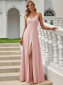 EVERPRETTY Elegant Sexy Solid Color Spaghetti Strap Slit Bridesmaid Dress, Pink, Spring/Summer Wedding Guest Dress, Holiday Vacation Dress - Pink - View 4