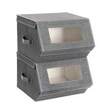 SONGMICS Cajas Plegables Apilables con Tapa Magnética Juego de 2 Bandejas con Ventanas Transparentes para Juguetes Ropa Gris y Beige MRPLB02G - gris - Ver 1