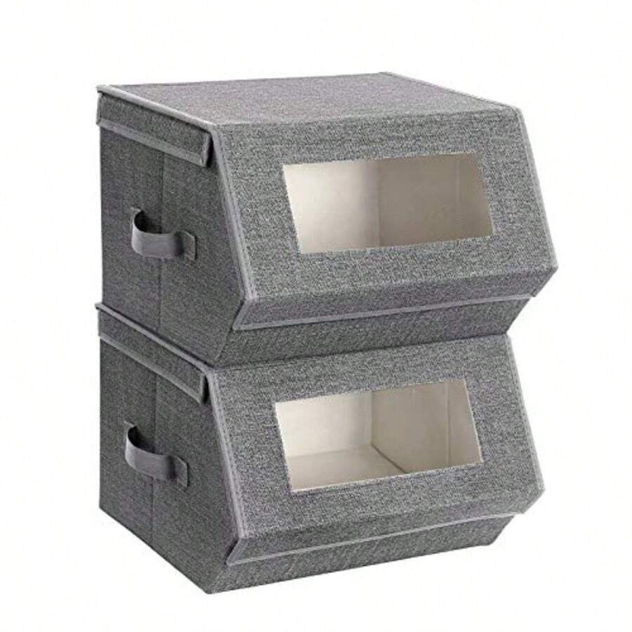 SONGMICS Cajas Plegables Apilables con Tapa Magnética Juego de 2 Bandejas con Ventanas Transparentes para Juguetes Ropa Gris y Beige MRPLB02G - gris - Ver 1