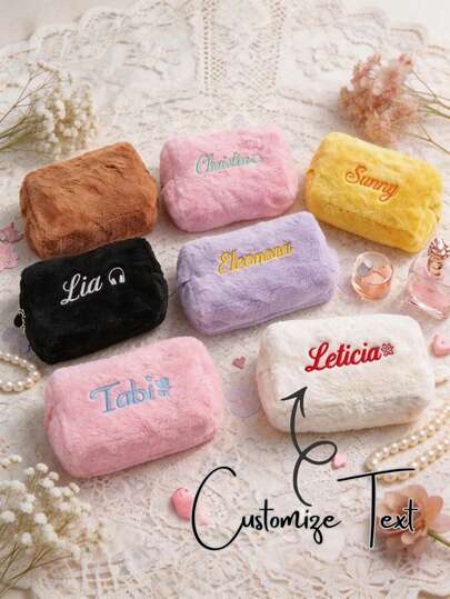 1pc Customized Plush Cosmetic Bag, Personalized Embroidered Name Storage Pouch, Cute Fluffy Storage Bag, Multi-Functional Travel Toiletry Bag, Stationery Bag, Makeup Bag, Wallet, Soft And Healing, Suitable For Autumn/Winter Gifts, Christmas, Birthday, Valentine's Day Gifts For Girlfriend, Best Friend, Student