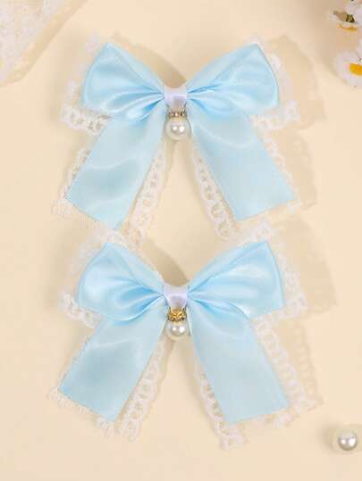 Set de 2 piezas Lazos de cinta azul claro lindos, Pasadores de mariposa con cristal brillante y perla, Pinzas de cocodrilo con lazo de encaje blanco, Regalo para fiestas, Accesorios para mujeres
