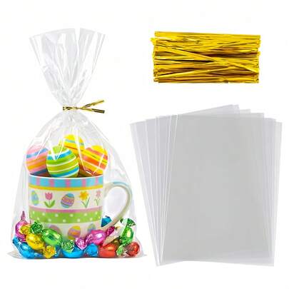 35/55个装玻璃纸袋，配金色扎带，透明OPP塑料玻璃纸包装袋，适用于礼品展示、派对回礼、婚礼礼品包装、生日派对礼品袋