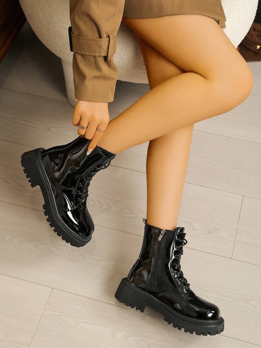 厚底英伦风米色亮面拉链短靴，百搭复古秋冬靴，适合青少年和女士，极其时尚的踝靴 - 黑色 - 查看 1