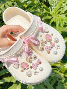 20pcs/Set Beige Pearl Chain, Pink Heart, Pink Round Bead Shoe Accessories, Charming Decorative Set, Suitable For Punched Shoes, Shoe Flowers, Shoe Decorations, Fashionable DIY Shoe Flower Decor - Pink - View 4