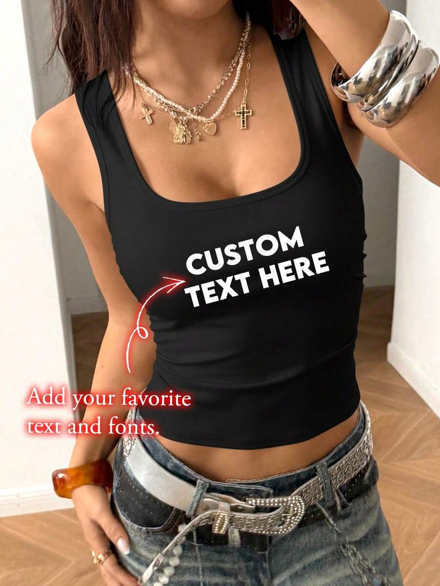 Áo tank top nữ có thể tùy chỉnh. Thêm văn bản tùy chỉnh (trích dẫn, cụm từ, câu nói hài hước, tên, khẩu hiệu, v.v.) - màu đen - Xem 1
