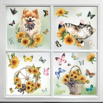 Bộ 9 miếng dán cửa sổ chủ đề mùa xuân rực rỡ, với hình ảnh mèo, chó, hoa tulip, bướm, decal dán kính tĩnh điện có thể tháo rời, thích hợp để trang trí phòng ngủ, phòng khách, ban công và cửa sổ trưng bày.