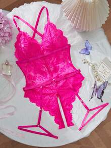 金属镂空爱心性感内衣套装，蕾丝边露背连体衣，含吊袜带，适合情人节派对惊喜礼物 - 玫紅色 - 查看 6