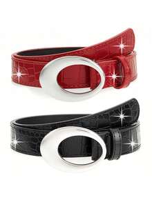 1pc Women's Crocodile Pattern Belt, Silver Buckle Western Jeans Y2K Punk Belt, Black And Red Women's Belt - Crocodile-patterned Silver Buckle - View 6