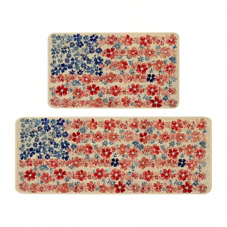 1/2/3pcs-Vintage Patriotic Floral Kitchen Mat American Flag Inspired Distressed Background Watercolor Flower Star And Stripe Pattern Faded Red Deep Blue Cream Colors Rustic Nostalgic Home Decor Floor Mat For Sink Counter Independence Day-Flannel Material,Rectangular,Soft,Comfortable And Easy To Clean,Suitable For Bathroom,Bedroom,Kitchen, Porch,Laundry Room,Daily Decor,Three Sizes Available - Black - View 1