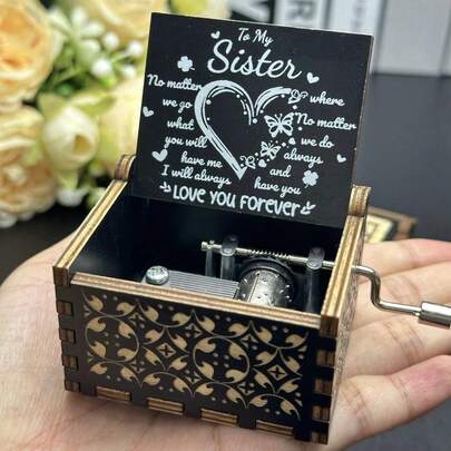 1pc Vintage Wooden Laser Engraved Hand Cranked Music Box, Suitable For Mother's Day/Birthday/Anniversary/Wedding Gift, Home Room Desktop Office Decor