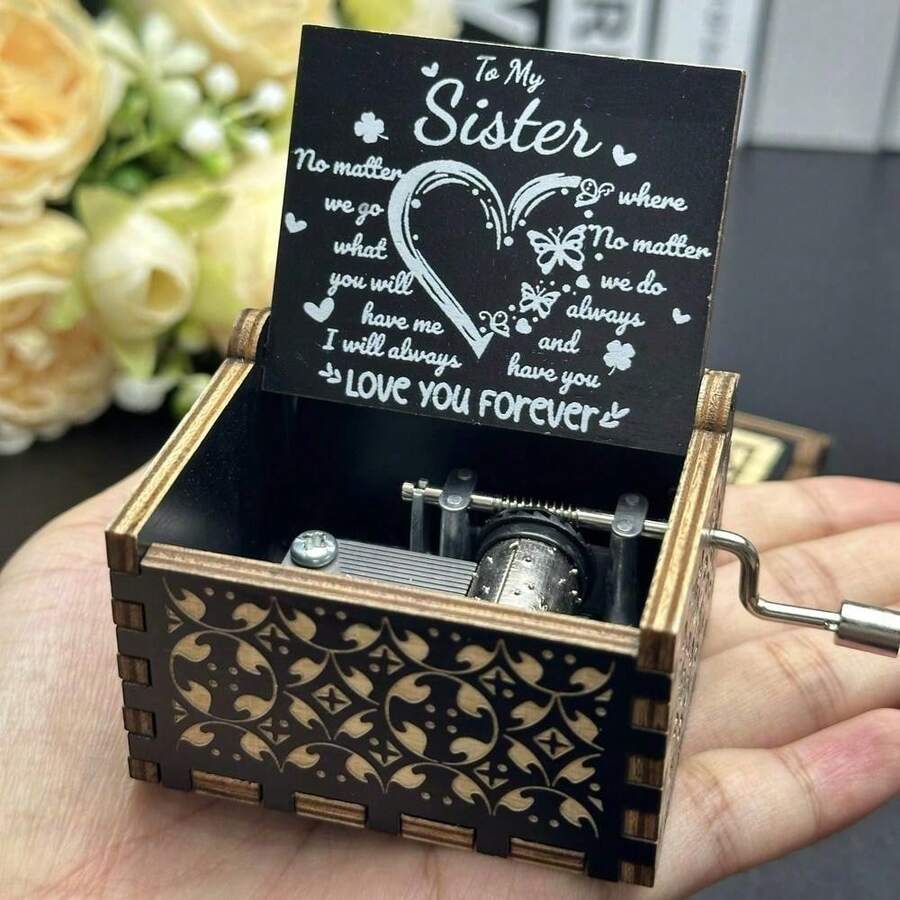 1 pezzo Scatola musicale vintage in legno con incisione laser azionata a mano, adatta come regalo per la Festa della Mamma/Compleanno/Anniversario/Matrimonio, decorazione per casa, ufficio o scrivania